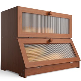 LOHASOK Double Layer Bamboo Bread Box for Kitchen Counter-Large Capacity Bread Storage Container Farmhouse Bread Box with Window Bread Holder (Brown)