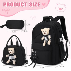 ACESAK School Backpack for Girls - 3 PCS Cute Girls Backpack with Lunch Box & Pencil Case - Kawaii Casual Kids Bookbag School Bag Daypacks Set for Elementary Middle High School Student Teens (Black)
