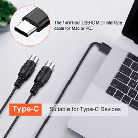 LEKATO MIDI Cable, MIDI to USB C, Type-C MIDI Interface with Input & Output Connecting Keyboard/Synthesizer for Editing Recording Professional Cord Windows/Mac Studio -6.5Ft, Black