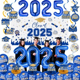 Graduation Decorations 2025 Set - Blue Gold Themed Congrats Grad Party Decor, Including Graduation Backdrop Banner, 2025 Balloons and Streamers Kit for Class of 2025 Grad Party Decorations Supplies