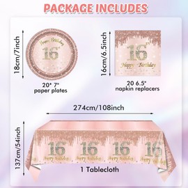 16th Birthday Decorations for Girls Rose Gold Sweet 16 Birthday Party Decoration for Her 16th Happy Birthday Plates and Napkins Tablecloth Decoration for Girls