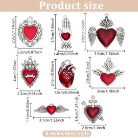 HOBBIESAY 32Pcs Gothic Heart Charms 8 Styles Sacred Heart Charms Anatomical Charms Love Shaped Dangle Charms Red Alloy for Jewelry Making Earrings Bracelets Necklaces Hole:1.5-3mm, Alloy Enamel, No
