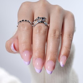 French Tip Press On Nails, Short Almond French Tip Fake Nails Purple Tip Design, Reusable Stick On Nails with Glue for Women, 32pcs Set in 16 Sizes | Salon Quality