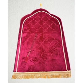 Plush Padded Muslim Prayer Mat with Tassels and Prayer Beads, Islamic Prayer Rug, 70x110cm (Maroon Red)