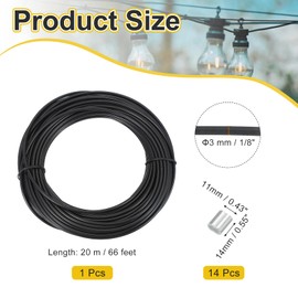 PATIKIL 3mm Wire Rope, 66 ft 304 Stainless Steel Wire Cable Black Vinyl Coated with 20pcs M3 Crimping Sleeves for Hanging Lights Clotheslines Trellis Wire, Black