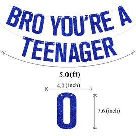 Blue Glitter Bro You're a Teenager Banner, 13 Officially Teenager/Happy 13th Birthday, Funny 13th Birthday Party Decorations Supplies