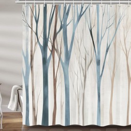 MERCHR Blue and Brown Birch Tree Shower Curtain, Beige Tan Forest Abstract Art Rustic Fabric Shower Curtains Set for Bathroom Decorative, Farmhouse Restroom Decor Accessories with Hooks 72X75 inch