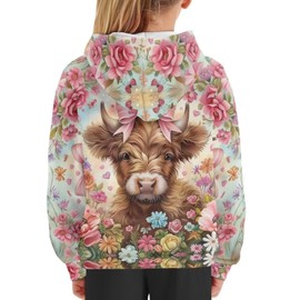 DISNIMO Flower Highland Cow Hoodies for Girls Size 8-10 Toddler Cute Tops Long Sleeve Hooded T-Shirts for Kids Boys Trendy Clothes Casual Sweatshirt Pullover Teens Fall Outfits