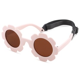 Bouryo Flexible Baby Polarized Flower Sunglasses with Strap Bendable Frame for Infant Boys Girls Ages 0-24 Months (A3 Matte Beige White/Brown Mirror)