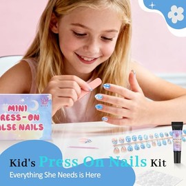 Kit de uñas postizas Qiek de 16 tamaños para niñas: 32 puntas de uñas postizas francesas almendradas para niñas de 8 a 12 años con adhesivos de uñas d