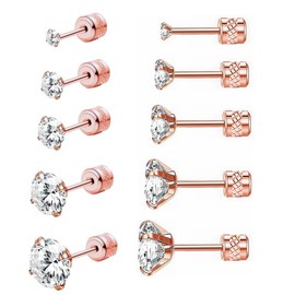 5 Pairs Stud Earrings Set,Hypoallergenic Earrings 316L Stainless Steel Double Round Cubic Zirconia Ear Ringing Jewelry for Women Men Boys & Girls 2-6mm (Rose Gold)