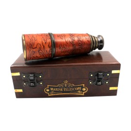 Nautical Vintage Brass & Leather Handheld Functional Telescope with Wooden Case - Pirate Spyglass, Sailor Gift