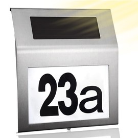 Meision House Number Illuminated Solar Stainless Steel House Number with 2 LEDs Solar House Number for Outdoor Use with Twilight Switch IP65 Waterproof with Numbers 0-9 and Letters a-h