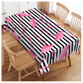 Walmsco Tablecloth Pink Flamingo Black White Stripes Decor For Dining Room Kitchen Rectangular Table Cover 132 * 178cm