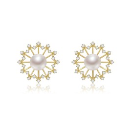 Pearl Snowflake Stud Earrings 925 Sterling Silver Pearls Snowflake Earrings Hanging Beads Stud Earrings Pearl Jewellery for Girls Women Children, Sterling Silver