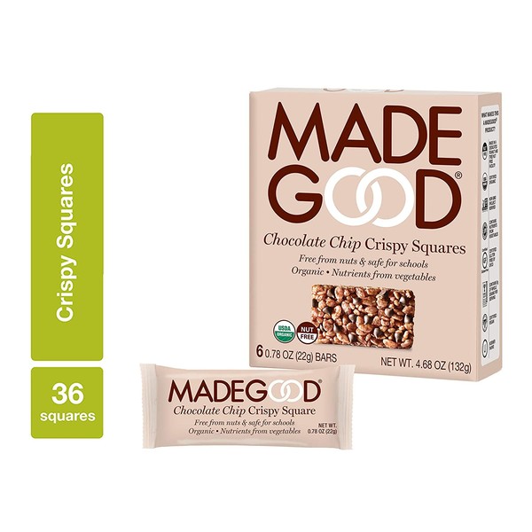 MadeGood Chocolate Chip Crispy Squares, 6 Pack (36 ct); Crispy Rice with Decadent Chocolate Chips; School-Safe, Organic, Vegan Snack; Contain Nutrients of a Serving of Vegetables