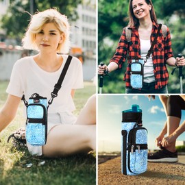 AUPET Water Bottle Sling Bag Sleeve Holder Carrier 25/32/40/64 oz,Insulated Crossbody Water Bottle Case Cover with Strap and Pockets for Men/Women Walking Hiking Camping (64oz, blue feather)