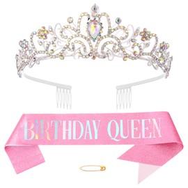 Pink Birthday Crown Sash Girls Ladies Birthday Decoration Rhinestone Birthday Tiara Princess Crown Crystal Queen Tiara Birthday Sash Birthday Decoration Party Clothing Accessories, Style 1,