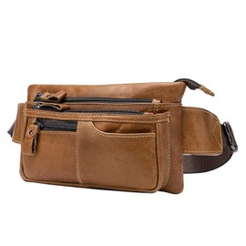 Xieben Vintage Leather Fanny Waist Pack Bum Bag for Men Women Travel Hiking Running Hip Belt Slim Pouch Cell Phone Purse Wallet Light Brown