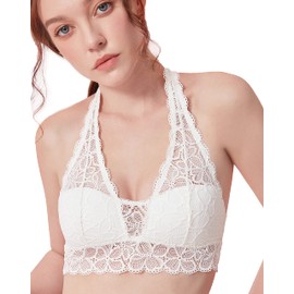 Luna & Sun Soft Sexy Breathable Wirefree Lace Padded Halter Bralette (for A-C Cups) (XL, Ivory)