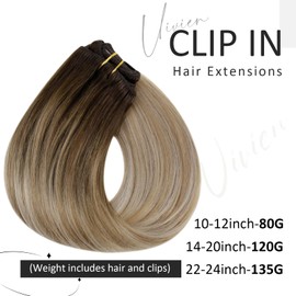 20 Inch Clip in Hair Extensions Real Human Hair Blonde Balayage Clip in Hair Extensions Dark Brown Ombre to Honey Blonde Mixed Platinum Blonde Hair Extensions Clip in Full Head 120g 7 Pieces #4/14/60