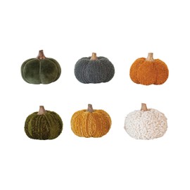 Creative Co-Op Bouclé Velvet Pumpkin Holiday Decor with Wood Stem, Multicolor, Set of 6