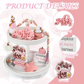 Fall Decorations, 8 PCS Pink Fall Tiered Tray Decor Set, Thanksgiving Harvest Table Centerpiece Pumpkin Gnome Autumn Farmhouse Wood Sign, Indoor Tabletop Decor for Home Office Kitchen Shelf Mantel
