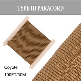 FISHLUND Paracord 550 lb, 7 Strand Type III Paracord Rope 100ft 4mm, High Strength Nylon Parachute Cord for Camping, Survival, Tactical and Hiking, Coyote