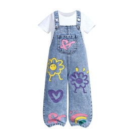 WDIRARA Toddler Girl's Cute Cartoon Graphic Denim Overalls Bib Pants Jumpsuit Medium Wash 7Y