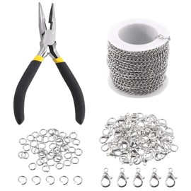 Keadic 102Pcs 30 Feet Jewelry Making Chains Kit W 3mm Metal Necklace Twisted Links Chain, Lobster Clasps, Open Jump Rings and Jewelry Pliers for Bracelet Earring Anklet DIY (White K)