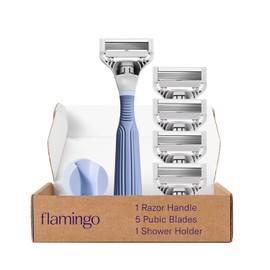 Flamingo Pubic Hair Razor for Women, Shaving Kit, 1 Pubic Razor Handle, 4 Five-Blade Refills, 1 Shower Holder, Starter Set, Full Kit