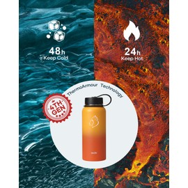 BUZIO 32 oz Water Bottle, (Cold for 48 Hrs) Insulated Stainless Steel Water Flask with Straw Lid & Carrying Sleeve, Wide Mouth Leak Proof & BPA-Free 1/4 Gallon Thermo Canteen, Yellow Orange