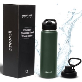 HYDRATE Bottles 24 oz Insulated Water Bottle with Straw - Silicone Vacuum Lid - Stainless Steel Sports Jug - Double Walled - Keeps Drinks Hot and Cold for Long Hours - Rainforest Green, 10.2 x 3 in