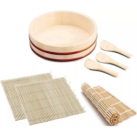 JapanBargain Japanese Sushi Oke Wooden Hangiri Bamboo Mat Rice Paddle Set 1576