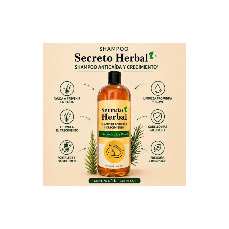 Shampoo Secreto Herbal con Extractos Naturales de Romero y Cola