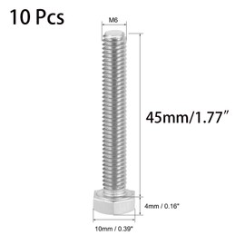 10 Pcs M6 Hex Bolt M6-1 x 45mm UNC Hex Head Screw Bolts A2-70(304) Stainless Steel Fully Threaded Hex Tap Bolts，Plain Finish，Fully Threaded (M6 x 45mm)
