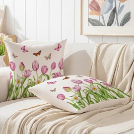 Jayusaror Cushion Cover, 45 x 45 cm, Spring Tulip, Flowers, Leaves, Outdoor Sofa Cushion, Country House Style Cushion Covers, Decorative Cushion, Couch Cushion Covers, Decorative Cushion Cover, Garden