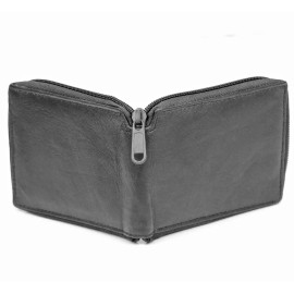 Marshal Mens Zip Around Bifold Wallet Genuine Leather Black Id Pocket Credit Card Window