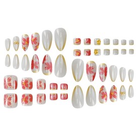 48Pcs Flowers Press on Nails Pink Cat Eye Press on Toenails Medium Almond Fake Nails with Glitter Gold Bow Design Glossy Gold Lines Fake Toenails Summer 3D Floral False Nails Kit for Women Manicure