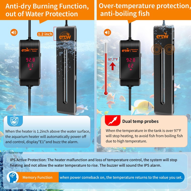 azw Aquarium Heater 300W/500W/800W, Fish Tank Heater with Digital LED