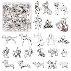 PandaHall 22 Styles Dog Pet Charms, 88pcs Metal Dog Paw Prints Bone Charms Pendants Tibetan Antique Silver Animal Charms Dangle Charms for DIY Bracelet Necklace Jewellery Making