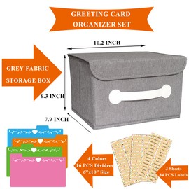 DOFFICE Greeting Card Organizer & Storage Box with 16 Pcs Adjustable Dividers, Storing 120+ Cards with 84 Pcs Labels (Grey - 1 Pack)