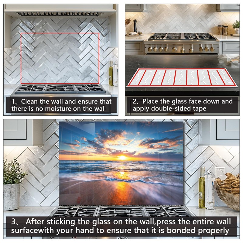 Tempered Glass Backsplash For Kitchen Behind Stove,Sea Beach Stove Backsplash