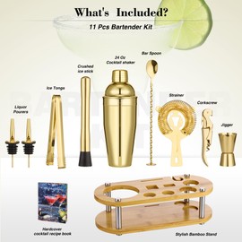 Cocktail Shaker Set Bartender Kit - 11 Pcs Bar Tool Set with Bamboo Stand & All Bar Accessories: Martini Shaker, Strainer,Jigger, Muddler, Mixer Spoon Barware Kit, for Bar, Home Lounge & Party(Gold)
