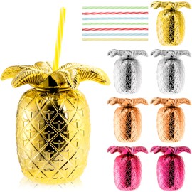 Goaste 8 Pack Pineapple Cups for Hawaiian Luau Party, Plastic Pineapple Drink Cups with Lids and Straws, 25oz Hawaiian Cup Supply for Summer Party, Tropical Fruit Themed Beach