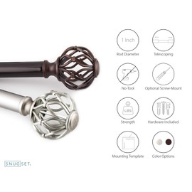 SnugSet | Quick Easy Installation | No Tools Option | 36"-72" Adjustable | 1" Dia. Sturdy Steel Rod | 3 Brackets Included | Supports Heavy Fabrics | Decorative Cage Ball Finial | Bronze Curtain Rod