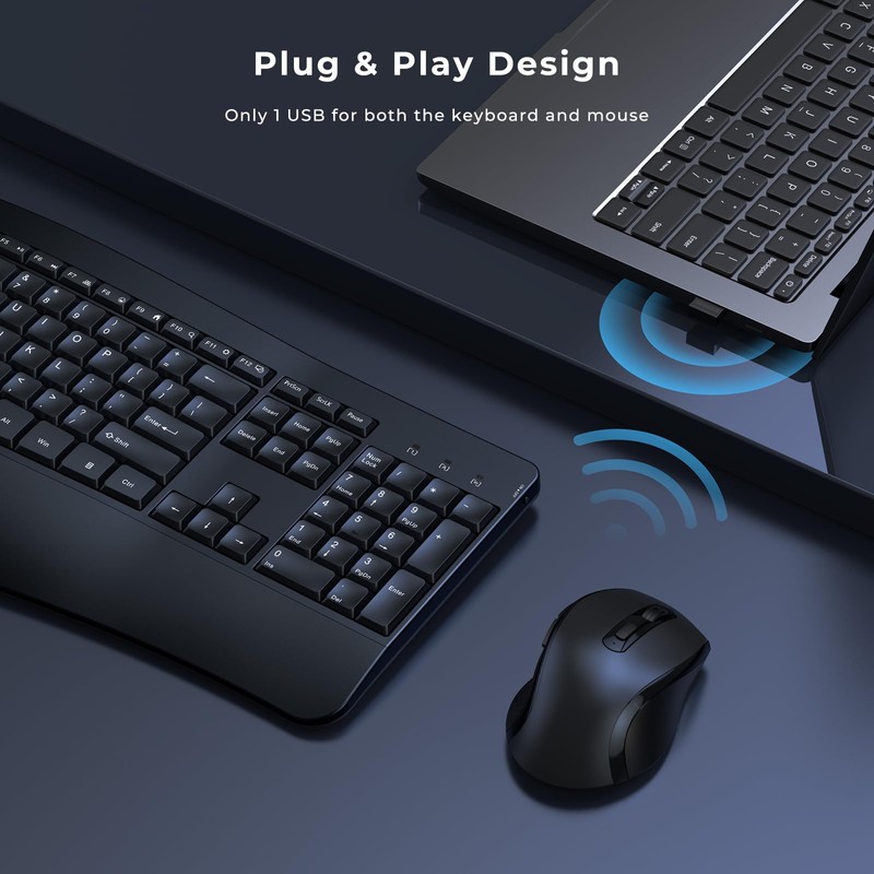 Ergonomic Keyboard and Mouse Combo, Full Size Cordless Computer Keyboard