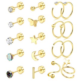 Adramata 18 Pieces 20G Helix Piercing G23 Titanium Earrings Piercing Conch Piercing Earrings Stud Earrings Hypoallergenic Cartilage Earrings Set Silver Gold Helix Tragus Piercing Ear for Men and