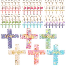 Nosiny 30 Pcs Cross Keychains Bulk Christian Gifts for Women Resin Glitter Keychains Colorful Cross with Hearts Key Ring for Christmas Women Sister Gift