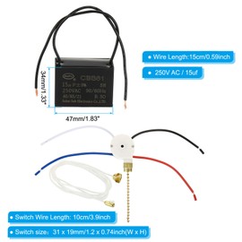 PATIKIL CBB61 Ceiling Fan Capacitor, 1Set 15uF 250V AC 50/60HZ 2 Wires with 3 Speed Fan Switch for Air Conditioner Fan Motor Star Run Capacitors